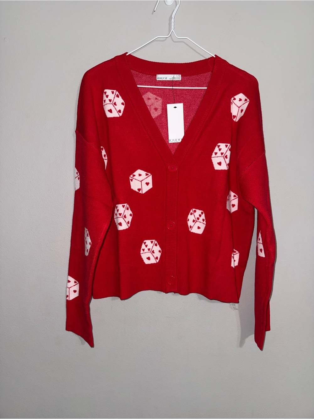 Kaily K Red Dice-Print V-Neck Cardigan Sweater Large